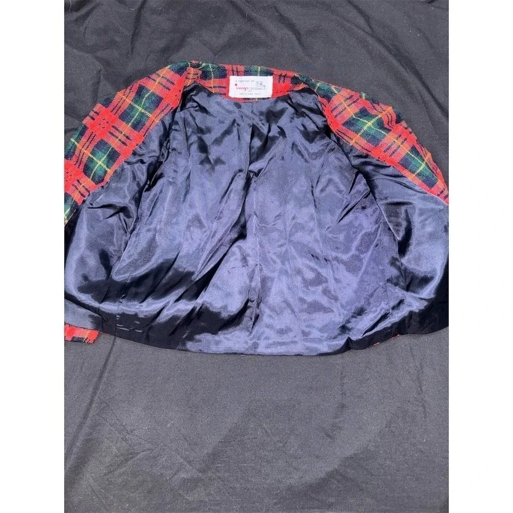 Imp Originals Vintage Girls Red Plaid Tartan Blazer Jacket Size 4 Holiday Gold